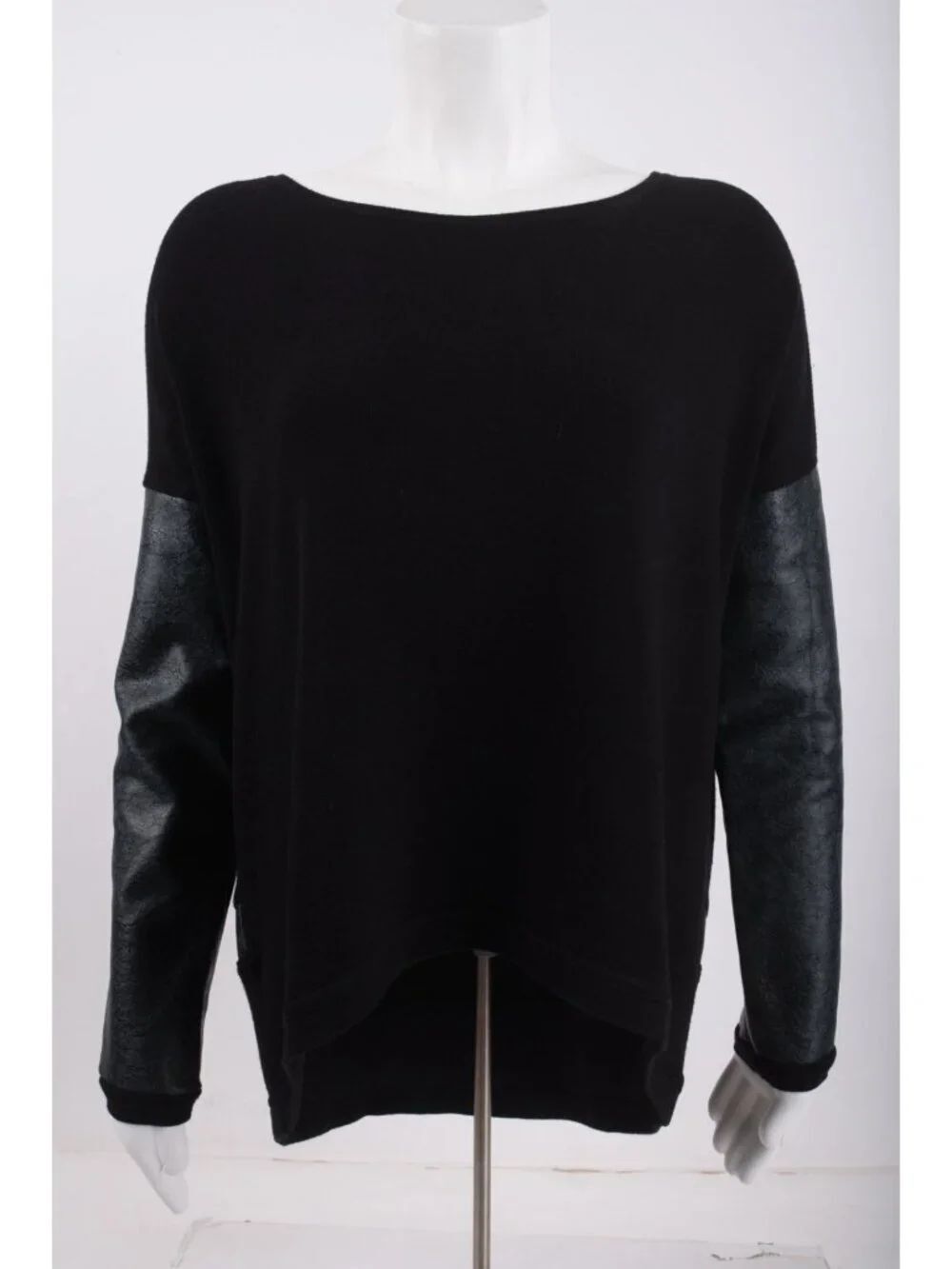 Generation Love Womens Sweatshirt High Low M L Black Faux Leather Sleeves